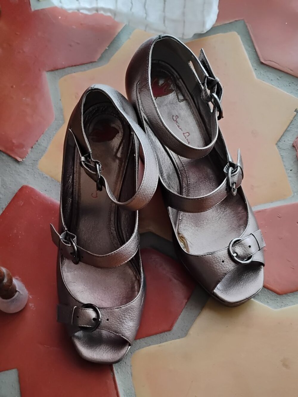 Star Ling Pewter Leather 9.5M Wedge Platform Shoe Ankle MaryJane